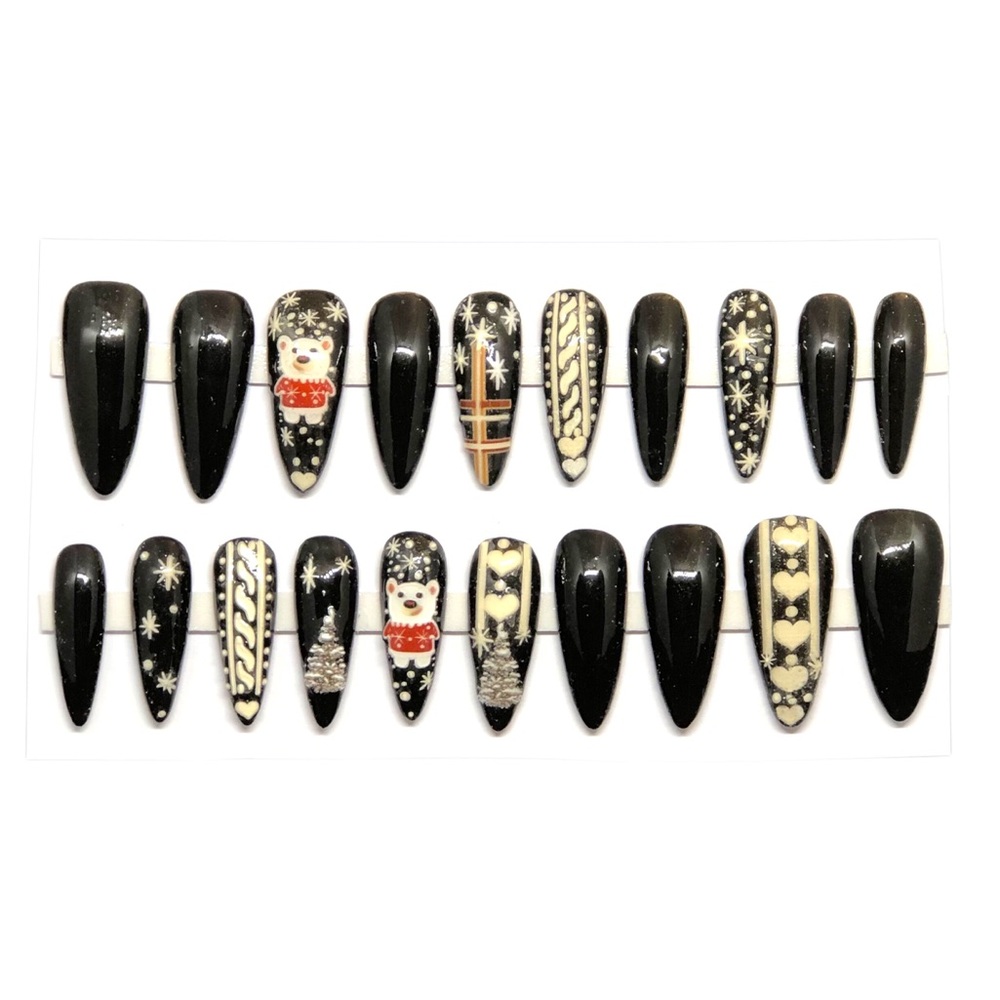Handmade Press On Nails Custom Long Nails Almond Shape Black Christmas Nails - Picture 4 of 9